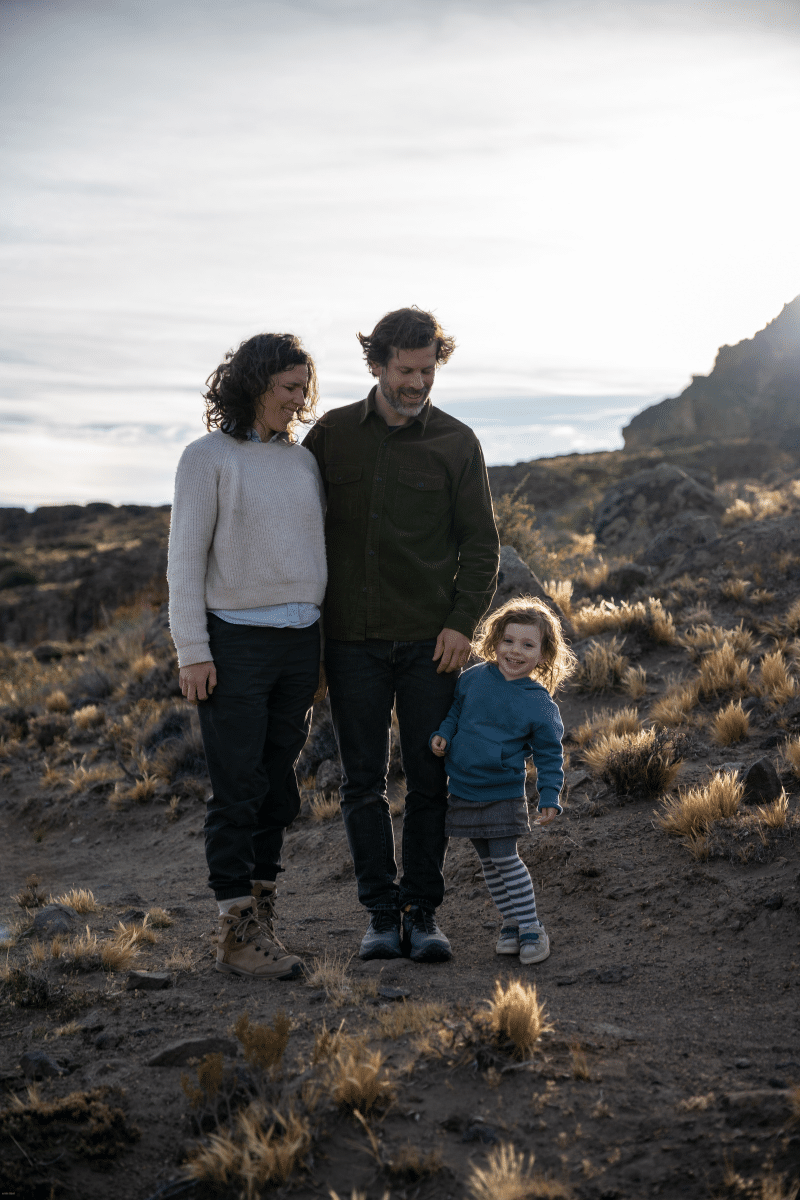 Aurélie Miquel, Arnaud Hiltzer, and their daughter Rose, on the Into the Rewild set.