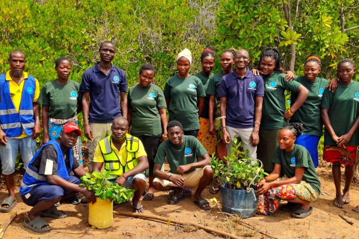 Group standing with mangroves saplings