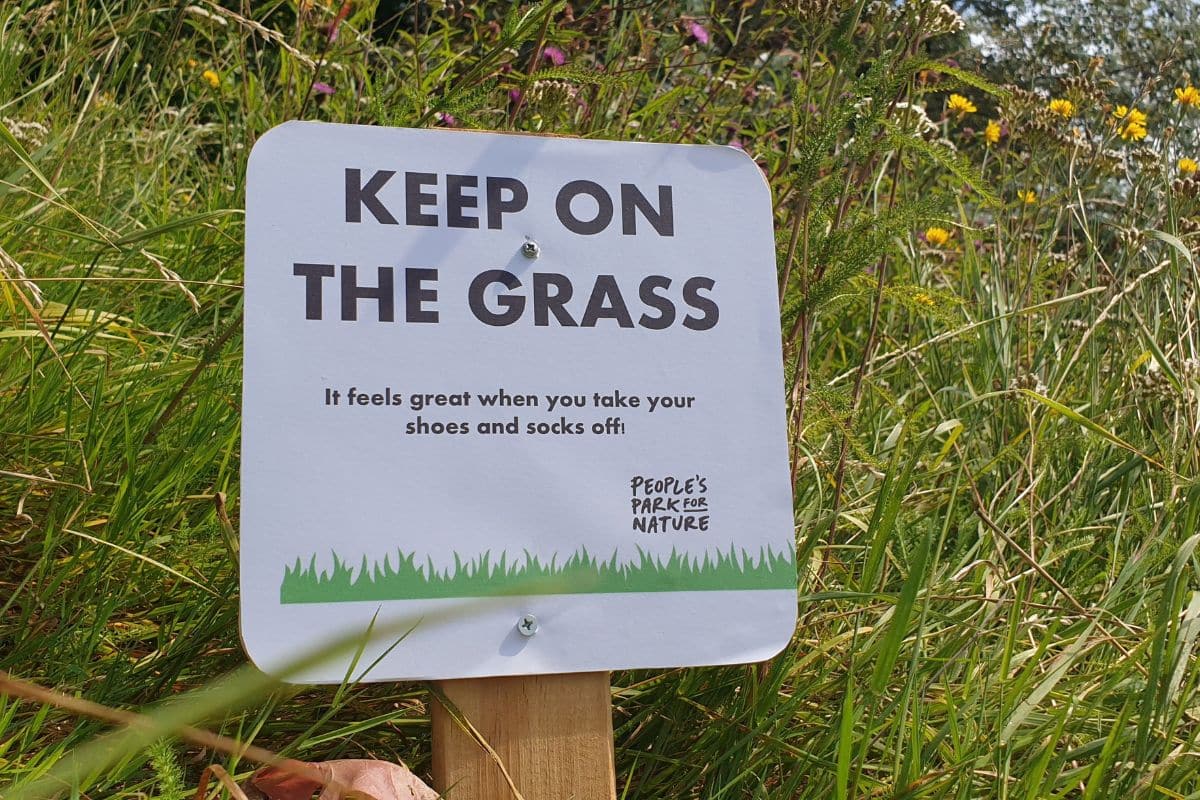 board showing keep on grass it feels great against vegetation background